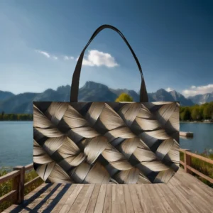 Weekender tote bag with a photorealistic blond basket weave design, displayed flat