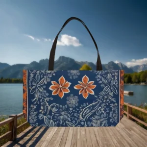 Weekender tote bag featuring a blue batik floral print with orange and white accents, displayed flat
