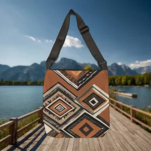Back view of Berber-style tote bag featuring brown and black tribal geometric prints