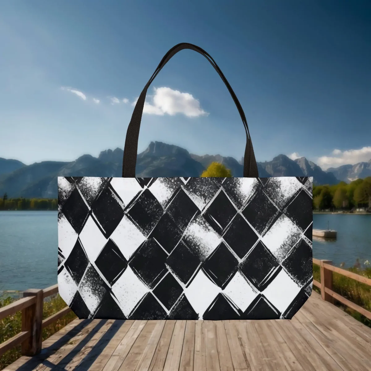Weekender tote bag with a bold black and white checkered design, displayed flat