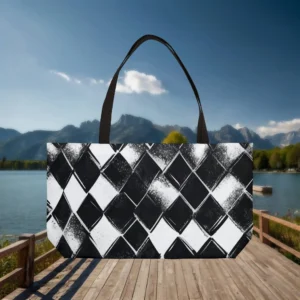 Weekender tote bag with a bold black and white checkered design, displayed flat