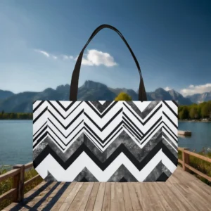 Weekender tote bag with black and white chevron stripe pattern, displayed flat