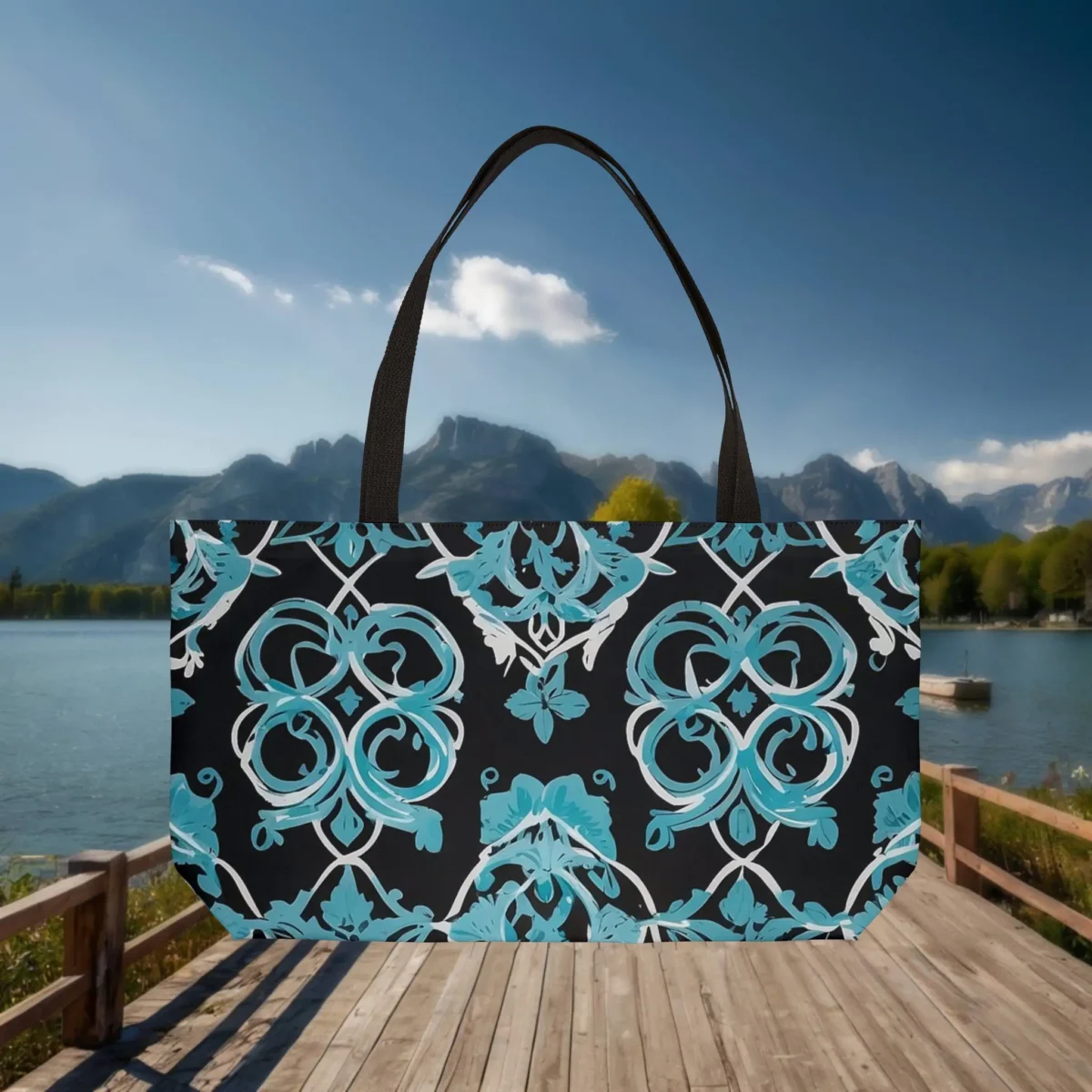 Weekender tote bag with blue Moroccan trellis pattern on black background