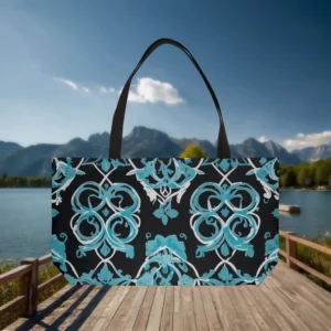 Weekender tote bag with blue Moroccan trellis pattern on black background