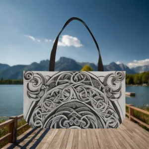 Weekender tote bag with intricate black and white Celtic knotwork design