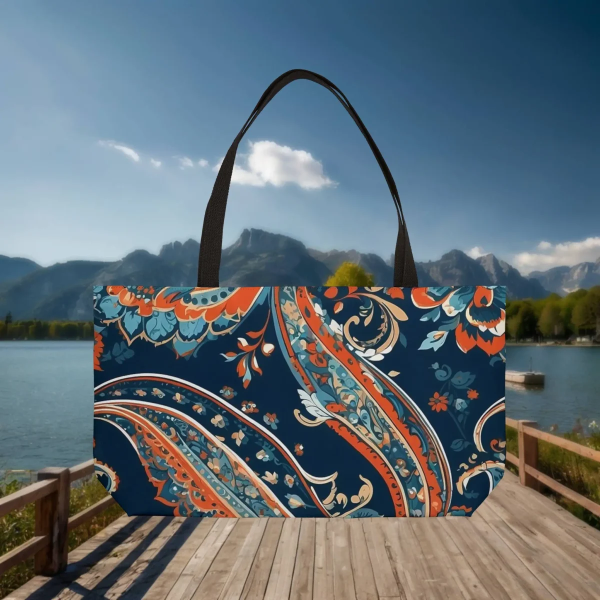 Weekender tote bag with colorful paisley print on navy blue background