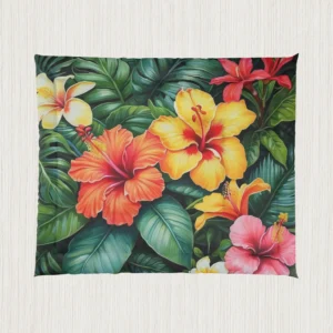 Flat view of comforter with detailed hibiscus flowers and tropical green leaves