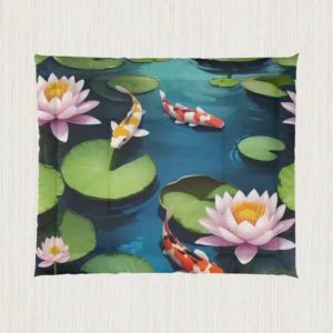 Flat view of a comforter with koi fish swimming among lily pads and lotus flowers in a serene pond