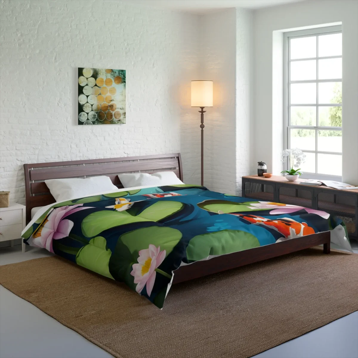 Comforter with a vibrant koi fish and lily pad design on a bed in a modern room