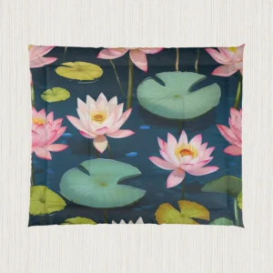 Flat view of a comforter with blooming pink water lilies and floating lily pads on a calm pond