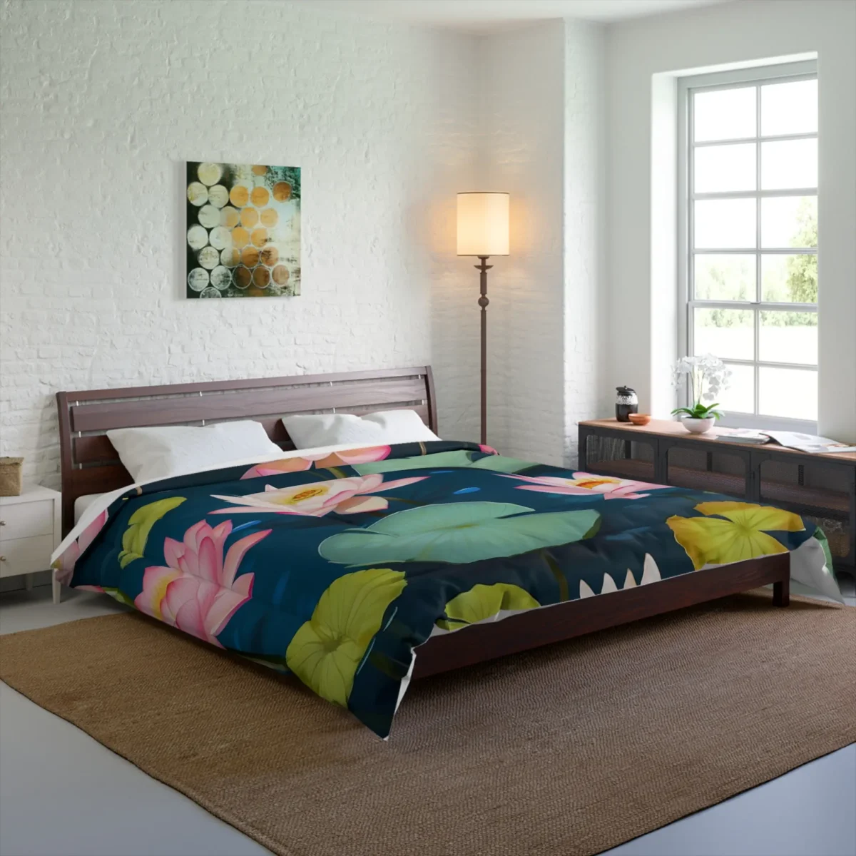 Comforter with a serene lily pond design featuring pink lotus flowers and green lily pads on a bed