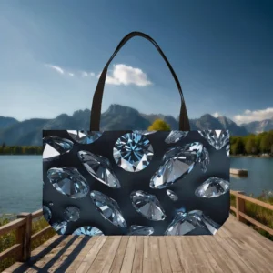Black weekender tote bag with scattered realistic diamond print