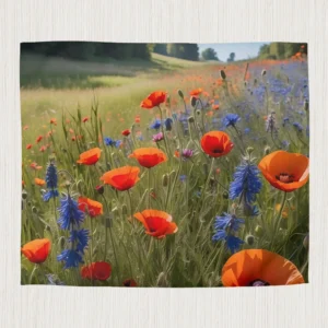 Floral microfiber duvet cover laid flat showing detailed print of red poppies and blue wildflowers