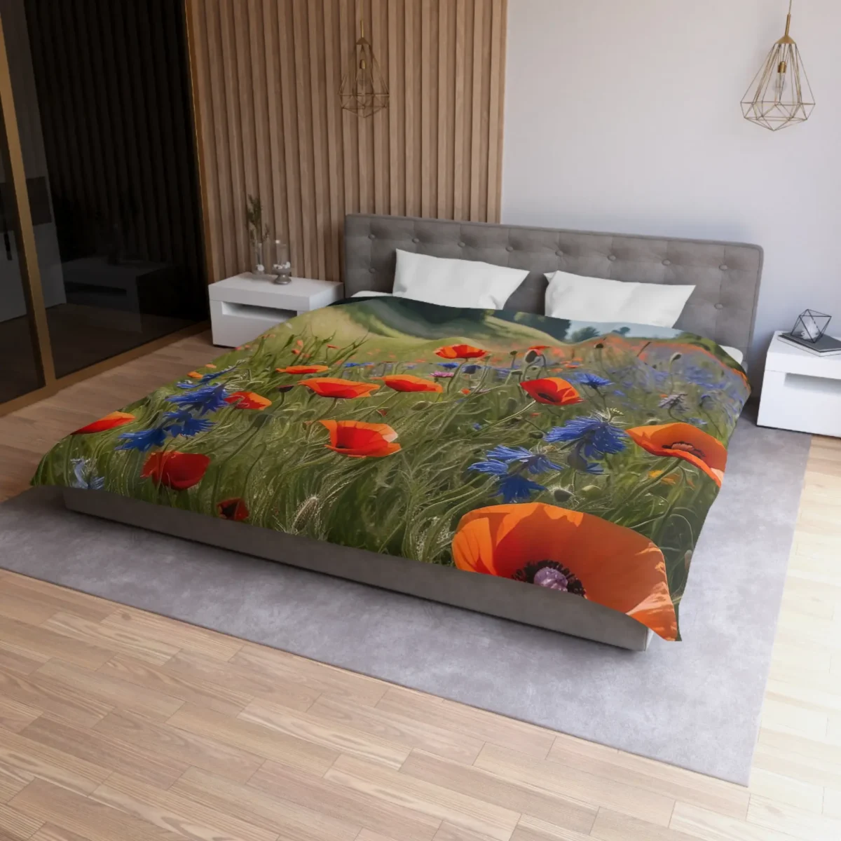 Microfiber duvet cover with vivid red poppies and blue cornflowers in a field design on a double bed