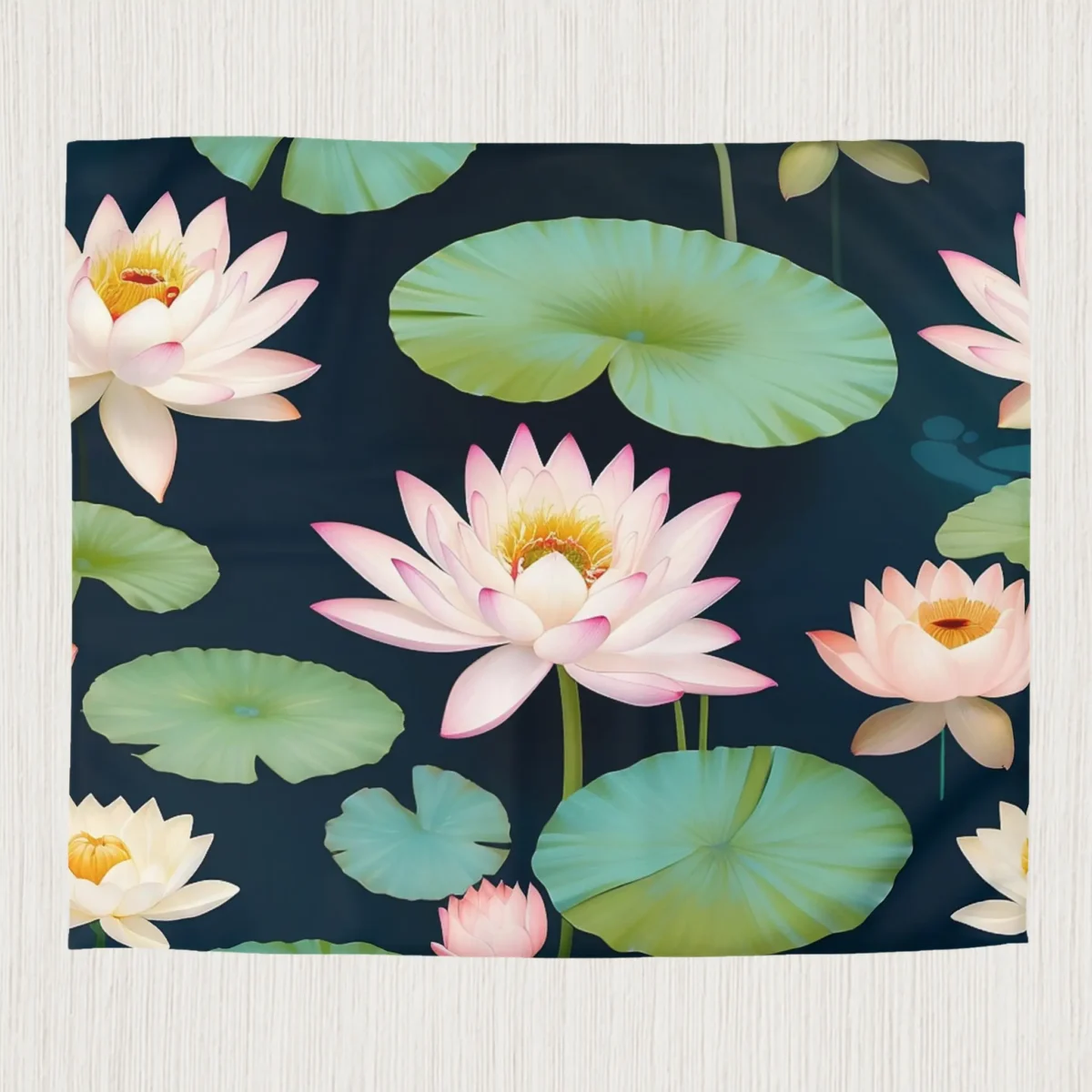 Flat microfiber duvet cover displaying lotus flowers and lily pads on a dark background