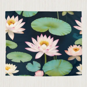 Flat microfiber duvet cover displaying lotus flowers and lily pads on a dark background