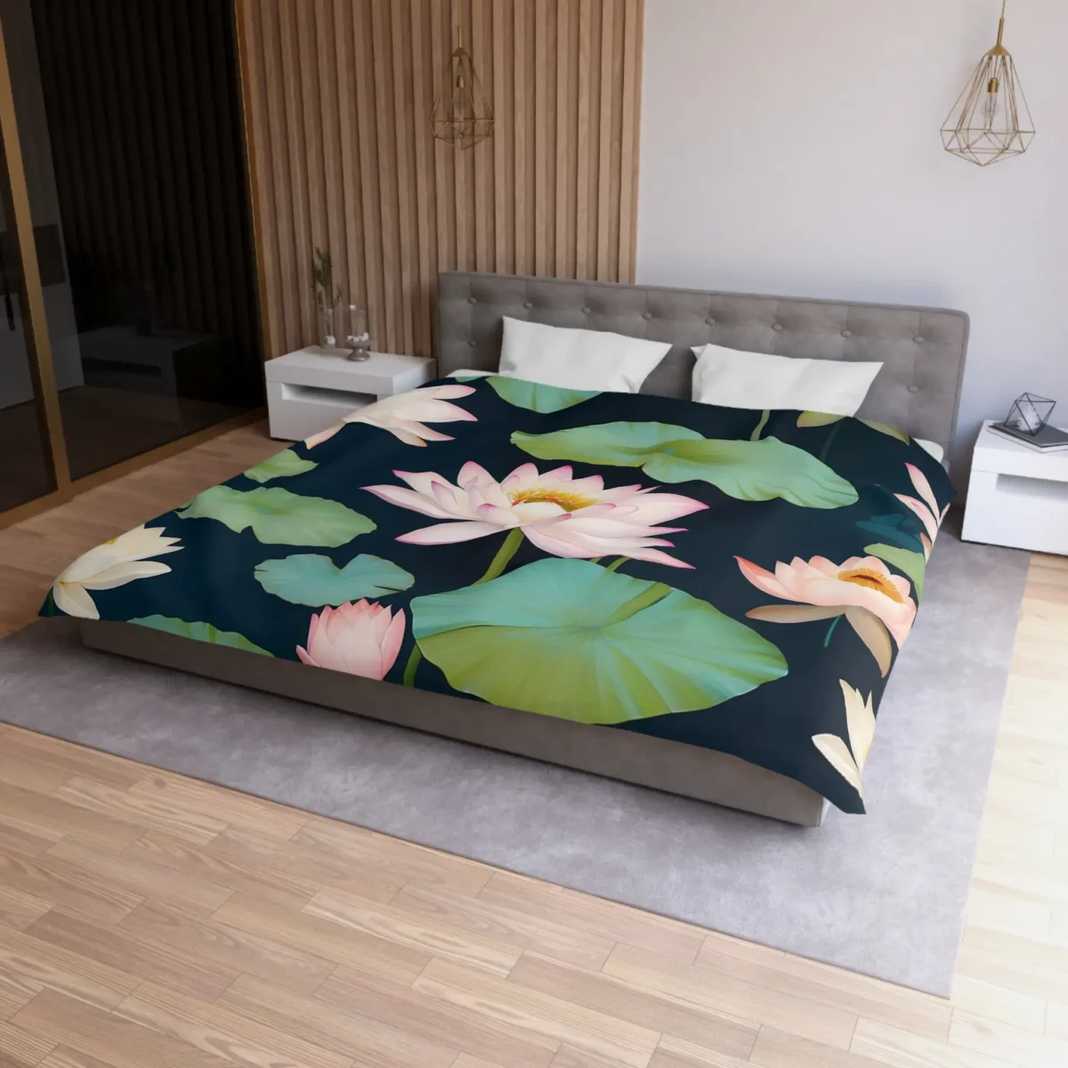 Microfiber duvet cover with large lotus flower and lily pad design on a double bed