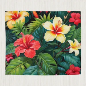 Flat microfiber duvet cover with vivid hibiscus flowers and tropical green leaves