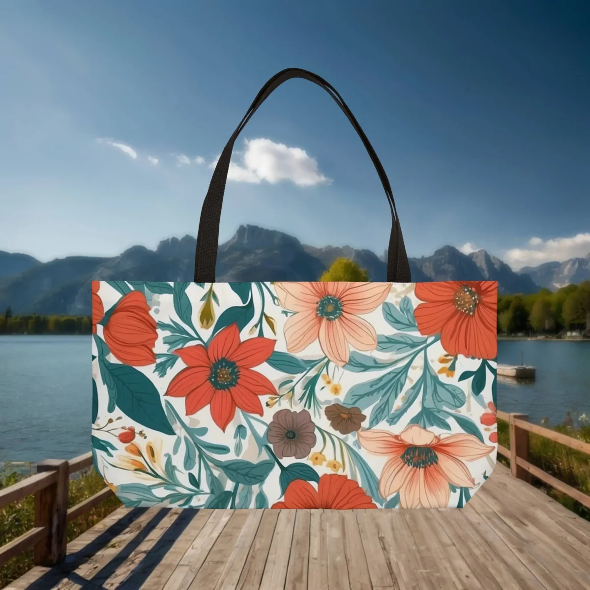 Weekender tote bag with colorful floral bloom print on light background