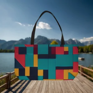 Weekender tote bag with colorful geometric block design