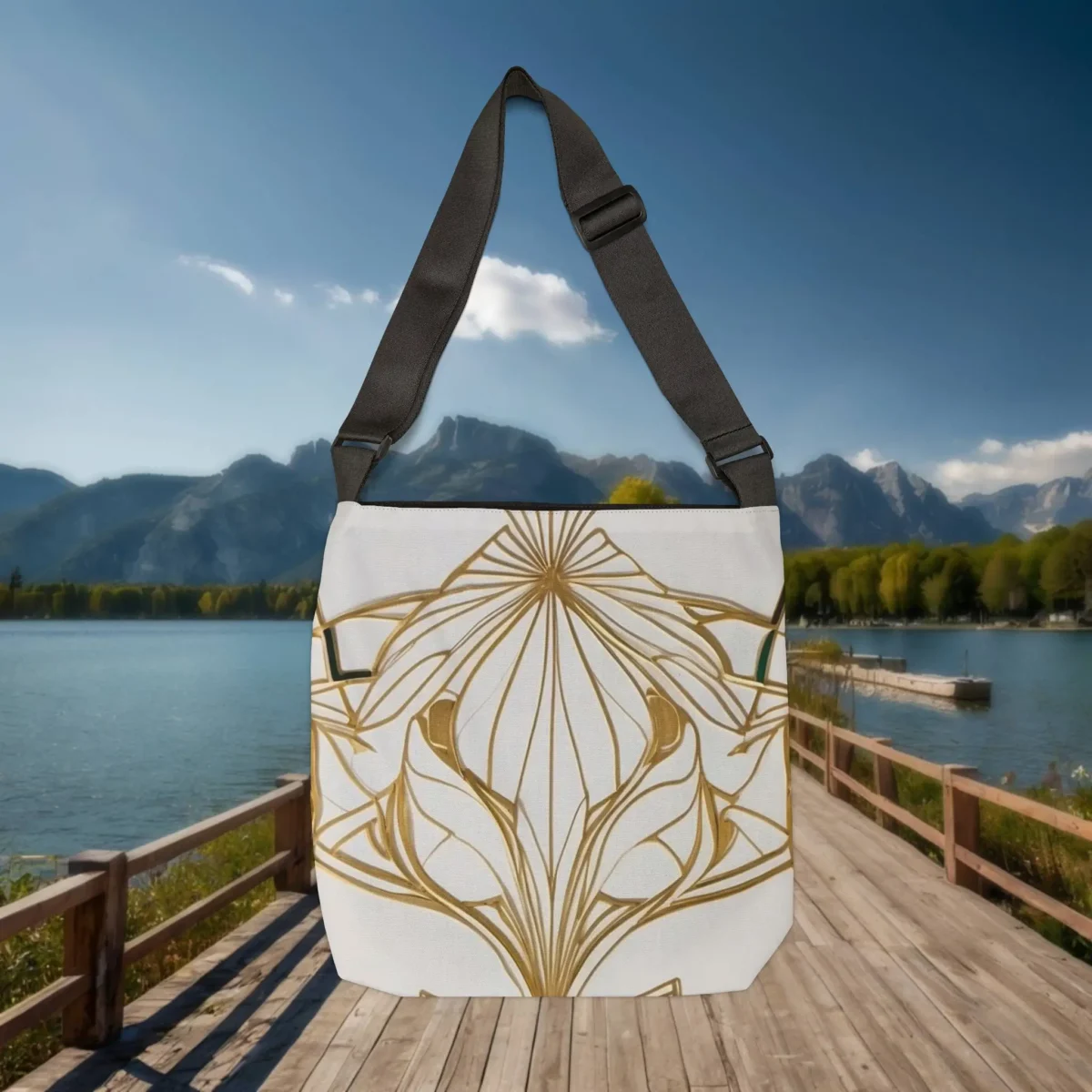 Back of a tote bag featuring detailed golden floral line artwork on a white canvas