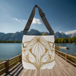 Back of a tote bag featuring detailed golden floral line artwork on a white canvas