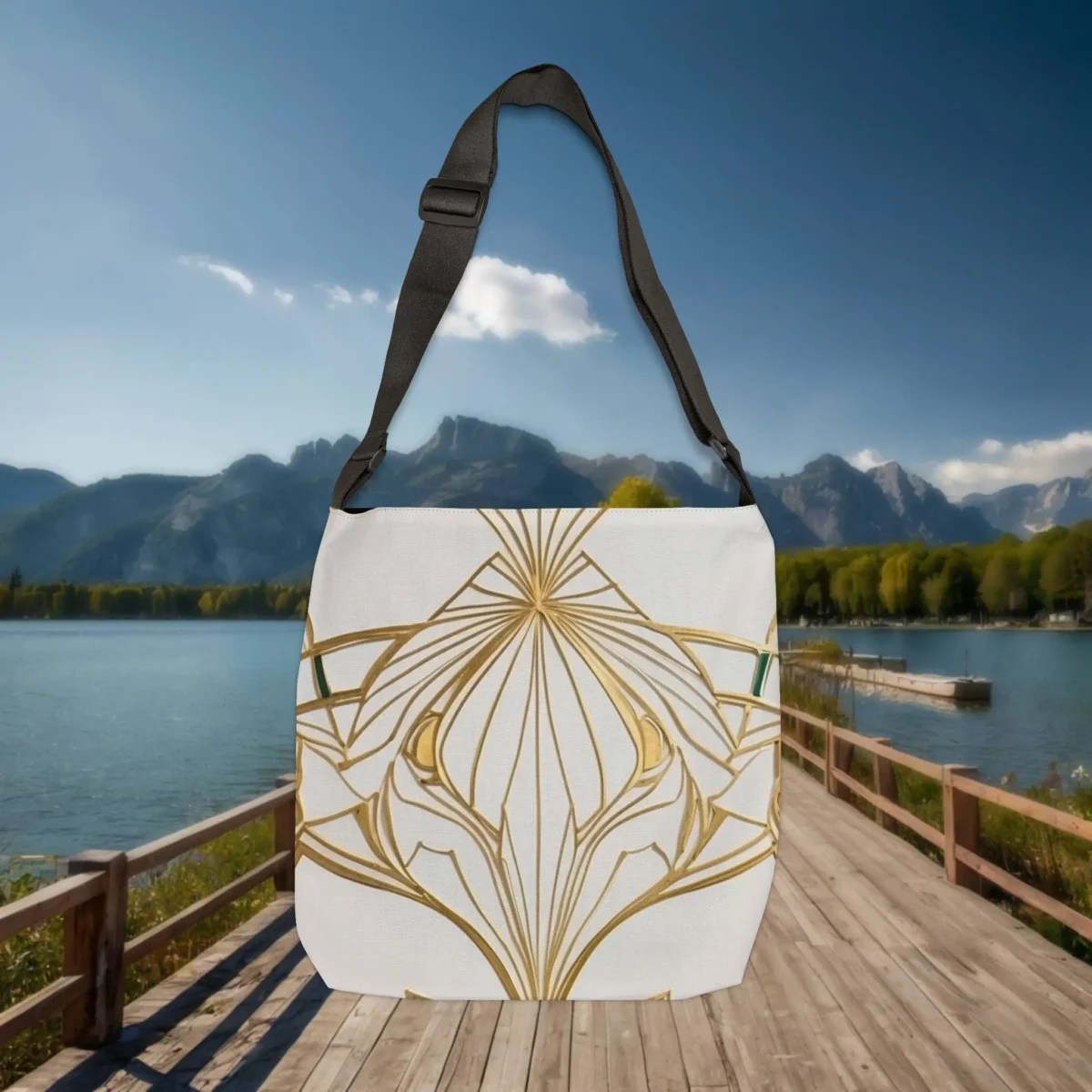 Flat view of white tote bag with elegant gold line art floral pattern