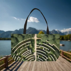 Weekender tote bag with a green and beige Greek maze labyrinth print