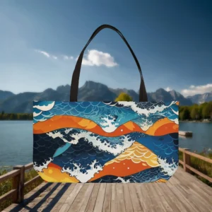 Weekender tote bag with Japanese wave pattern in blue, orange, and white tones