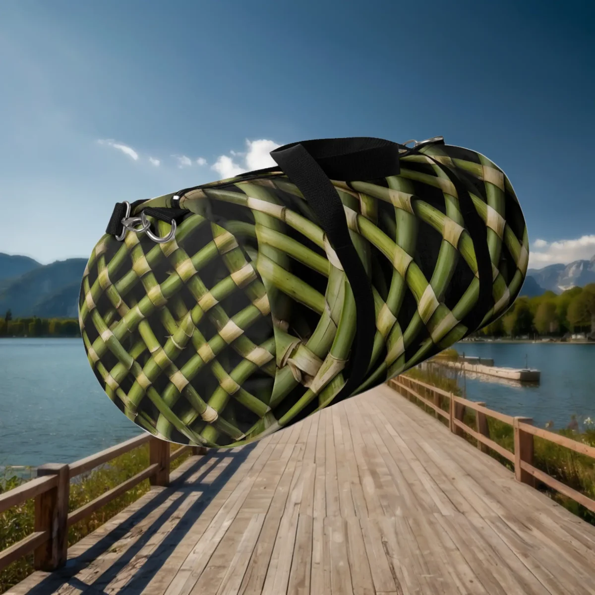 Floating angled view of large duffel bag with interwoven bamboo stalk pattern in green.