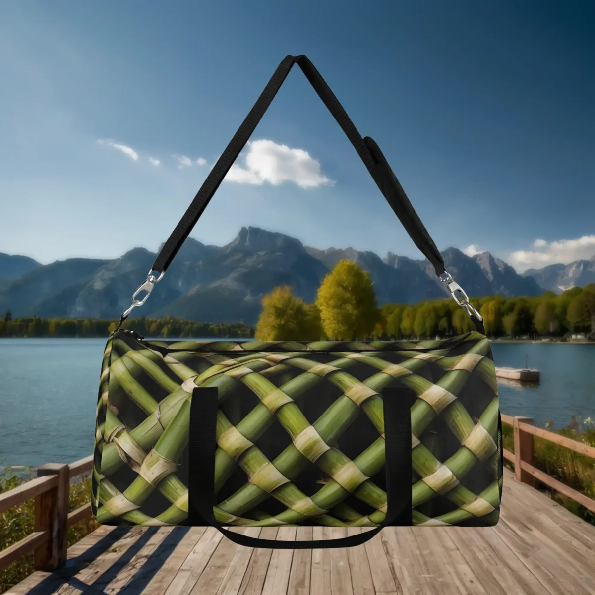 Front view of a large duffel bag with interlaced bamboo stalk print hanging by strap.