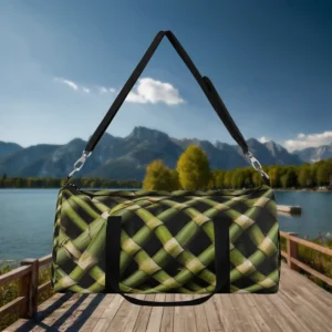 Front view of a large duffel bag with interlaced bamboo stalk print hanging by strap.