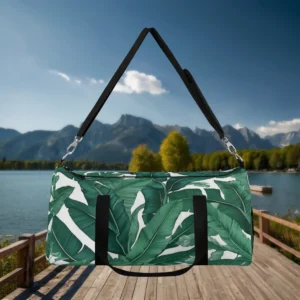 Large banana leaf duffel bag with black handles and strap, floating in front of lake and mountain landscape.