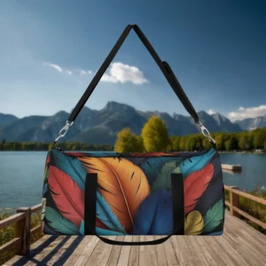Large duffel bag with colorful exotic bird feather print, suspended by black shoulder strap over a lakeside dock.