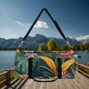Large tropical floral duffel bag with black handles suspended by shoulder strap over a wooden dock and lake.