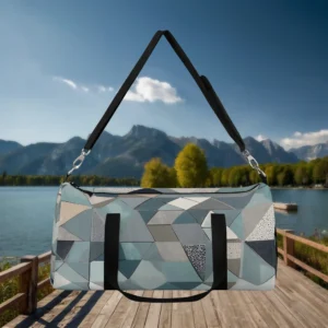 Large duffel bag with geometric blue and grey pattern suspended by shoulder strap over a wooden dock.
