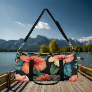 Front view of large duffel bag with black base and orange hibiscus flower pattern, suspended above dock.