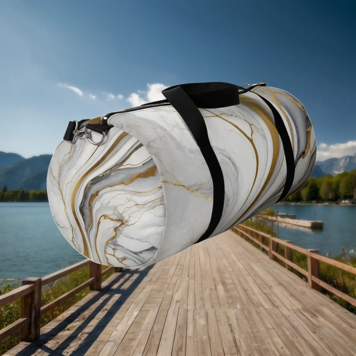Large white duffel bag with marble pattern and gold streaks floating above a dock by the water.