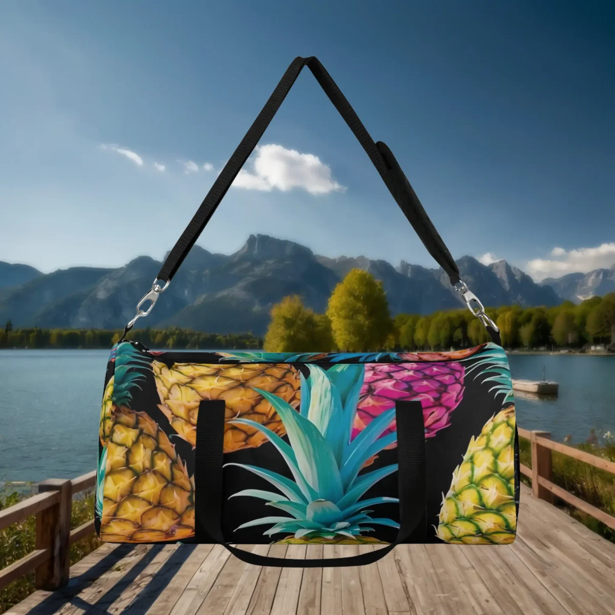 Front view of a large duffel bag with multicolored pineapple print and black straps.