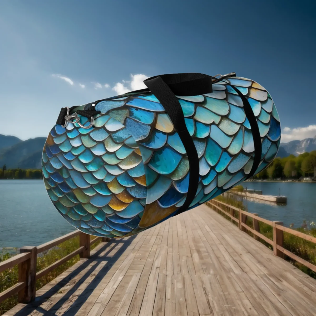 Angled floating view of large duffel bag with detailed blue and teal fish scale design.