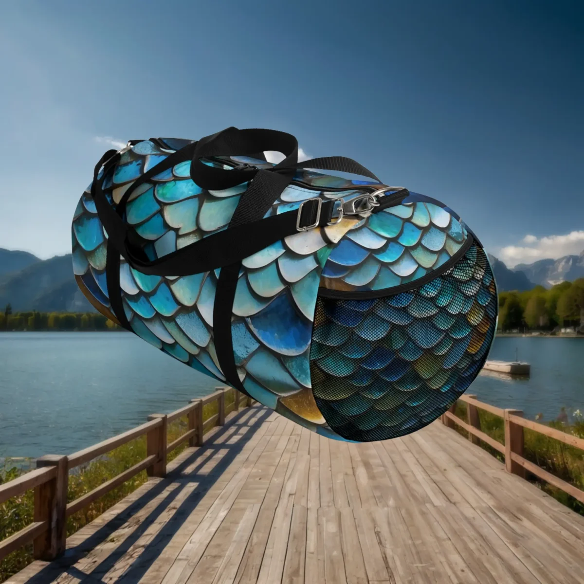Side view of large duffel bag with mesh pocket and blue-green tropical fish scale print.