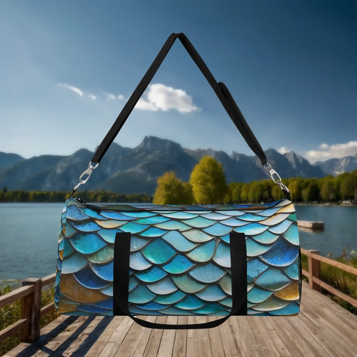 Front view of large duffel bag with blue, teal, and gold fish scale print.