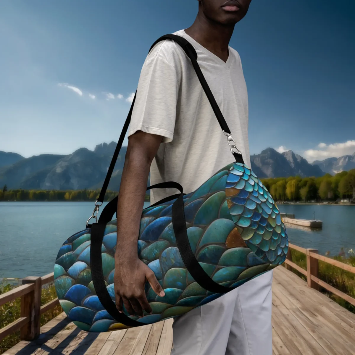 Man carrying a large duffel bag with iridescent blue fish scale pattern on shoulder.