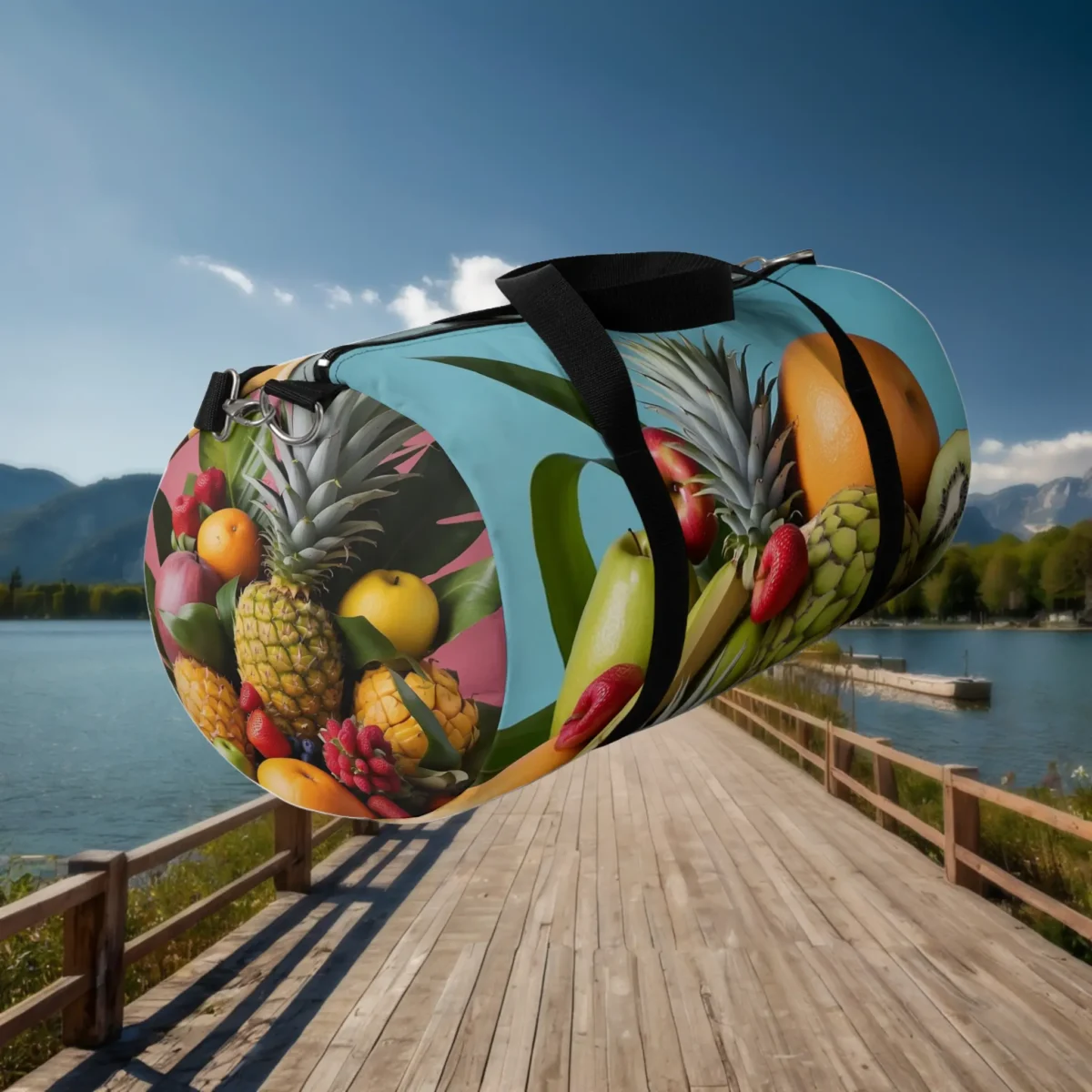 Angled view of large duffel bag with fruit print and black straps.