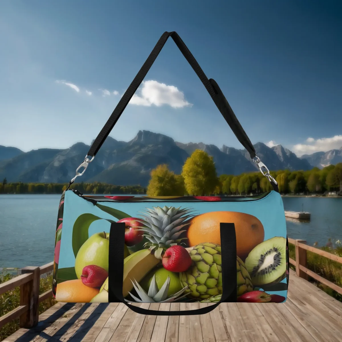 Front view of a large duffel bag with tropical fruits on turquoise background.