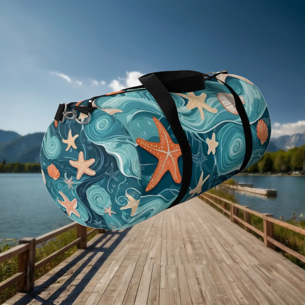 Angled view of large duffel bag with swirling blue wave pattern and orange starfish.