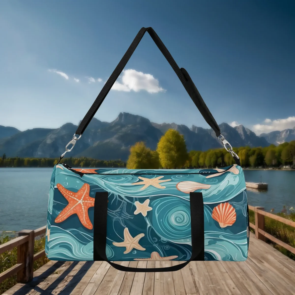 Front view of large duffel bag with swirling blue wave pattern and scattered sea elements.