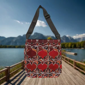 Back view of Marrakesh Sunsets tote bag with red and orange Moroccan geometric motif