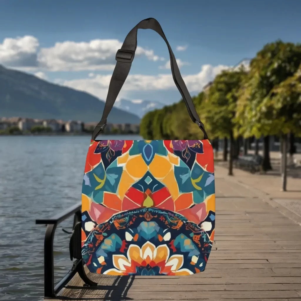 Market-inspired tote bag with a vibrant and colorful geometric pattern, displayed outdoors by a scenic lakeside walkway with mountains and trees in the background.