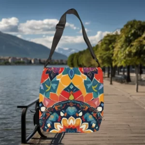 Market-inspired tote bag with a vibrant and colorful geometric pattern, displayed outdoors by a scenic lakeside walkway with mountains and trees in the background.